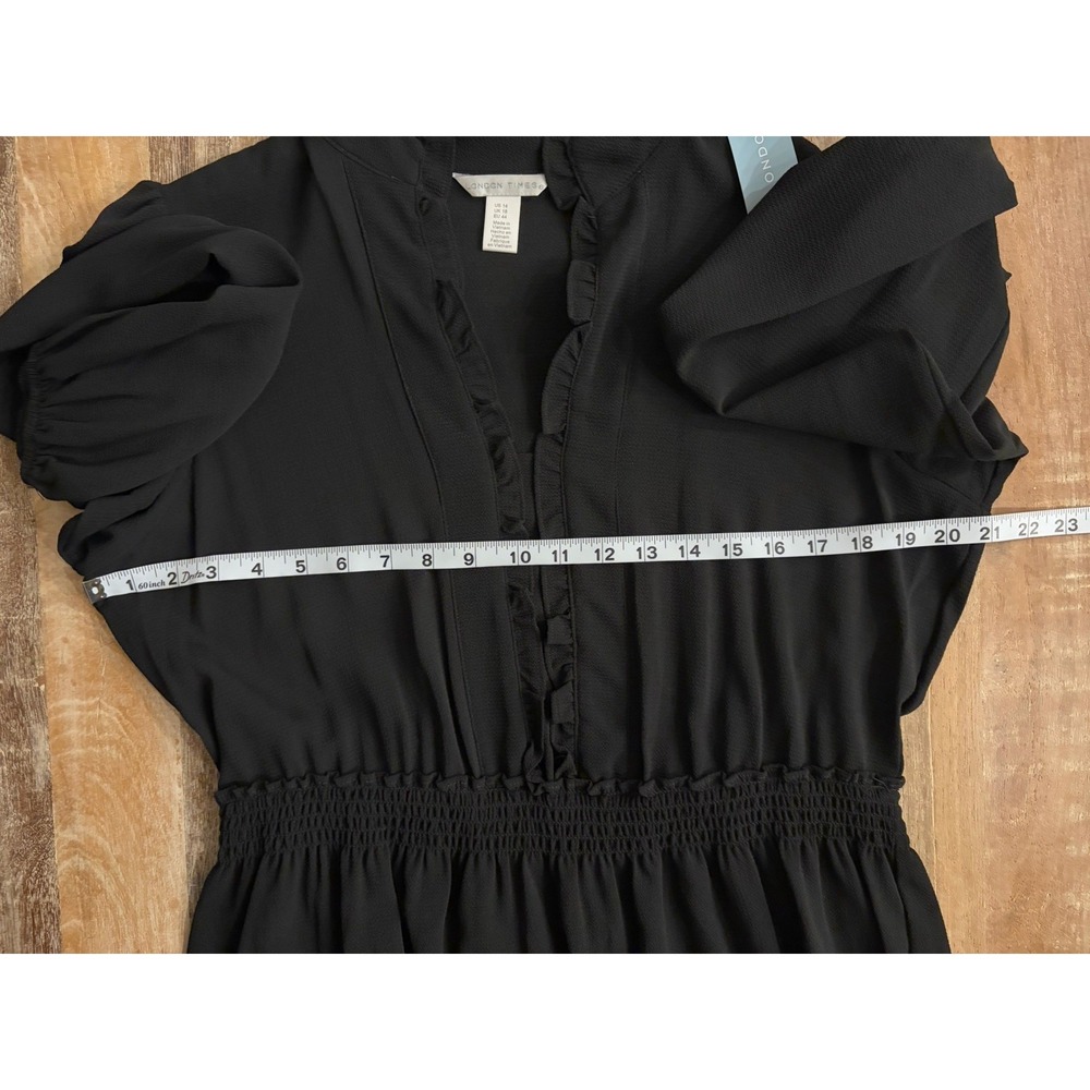 London Times Black Ruffle Neck Smocked Waist Tiered Dress Long Sleeve‎ Womens 14 - Picture 12 of 15